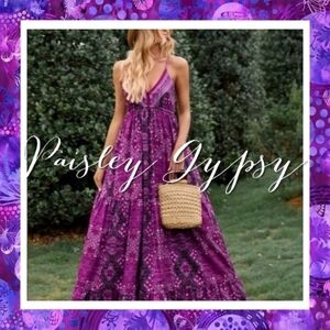 PURPLE BOHEMIAN FLORAL  PRINT SLEEVELESS MAXI DRESS
